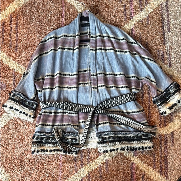 ZARA Striped Kimono Cardigan with Belt - Picture 2 of 9